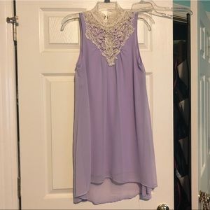 Lavender flowy dress with cream lace collar